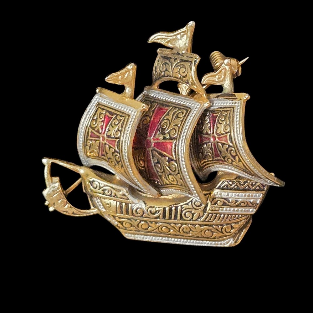 Vintage Spain Toledo Damascene Sailing Ship Brooch Gold Tone Red Enamel Galleon